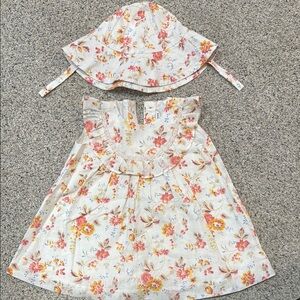 Janie and Jack Cream Floral Dress with Pink and Yellow Flowers and Matching Hat
